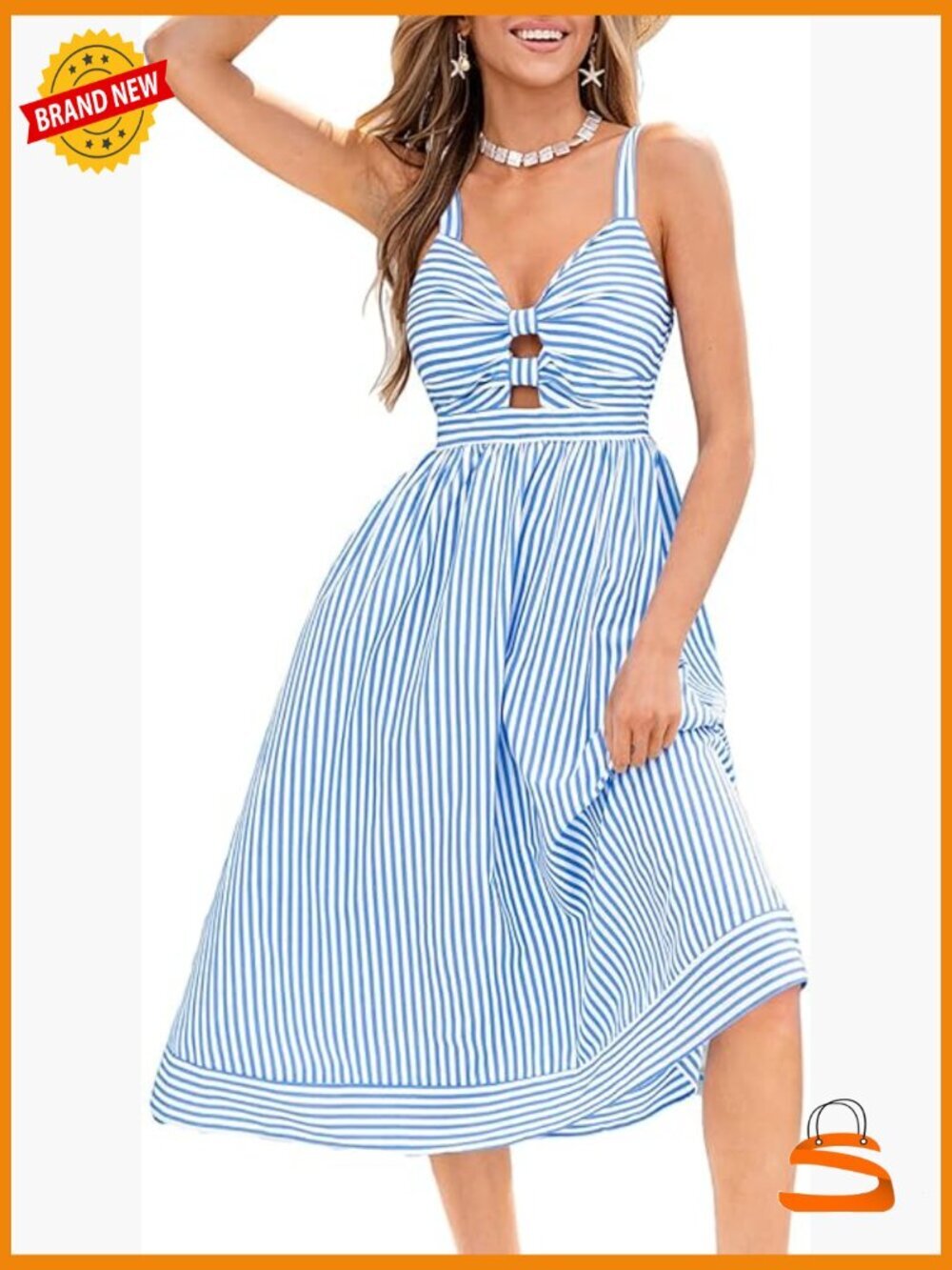 Striped Cutout Smocked Back Spaghetti Strap Midi Sundress Sleeveless Flowy